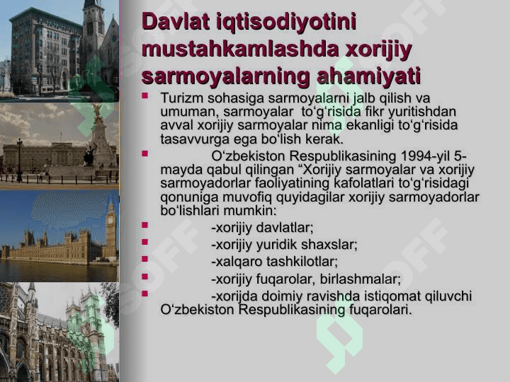 Xalqaro turizmda sarmoyalar jalb etish 3
