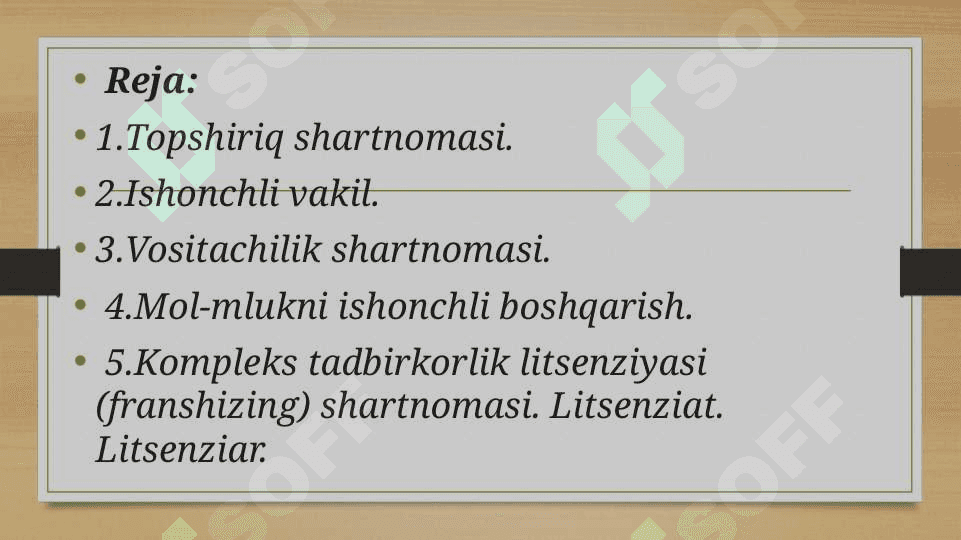 TOPSHIRIQ SHARTNOMASI. VOSITACHILIK SHARTNOMASI. MOL-MULKNI ISHONCHLI BOSHQARISH. KOMPLEKS TADBIRKORLIK LITSENZIYASI (FRANSHIZING) SHARTNOMASITOPSHIRIQ SHARTNOMASI. VOSITACHILIK SHARTNOMASI. MOL-MULKNI ISHONCHLI BOSHQARISH. KOMPLEKS TADBIRKORLIK LITSENZIYASI (FRANSHIZING) SHARTNOMASI 2