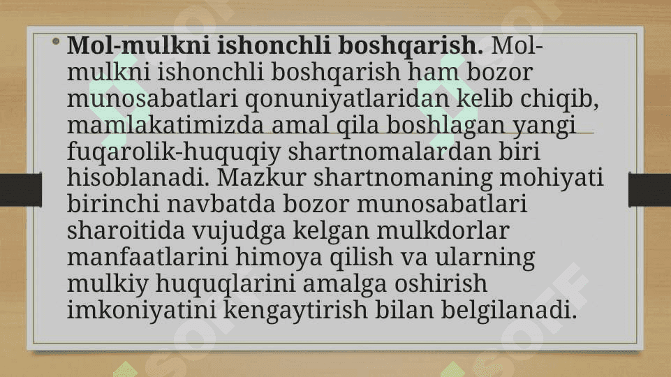 TOPSHIRIQ SHARTNOMASI. VOSITACHILIK SHARTNOMASI. MOL-MULKNI ISHONCHLI BOSHQARISH. KOMPLEKS TADBIRKORLIK LITSENZIYASI (FRANSHIZING) SHARTNOMASITOPSHIRIQ SHARTNOMASI. VOSITACHILIK SHARTNOMASI. MOL-MULKNI ISHONCHLI BOSHQARISH. KOMPLEKS TADBIRKORLIK LITSENZIYASI (FRANSHIZING) SHARTNOMASI 4