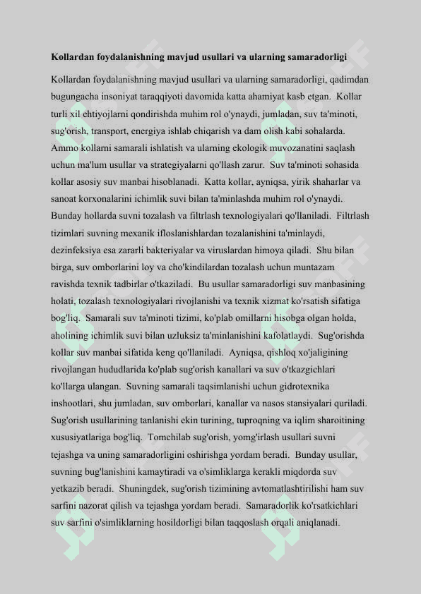 O’zbikiston hududidagi kollarni umumiy tavsifi va ularning ahamiyati 4