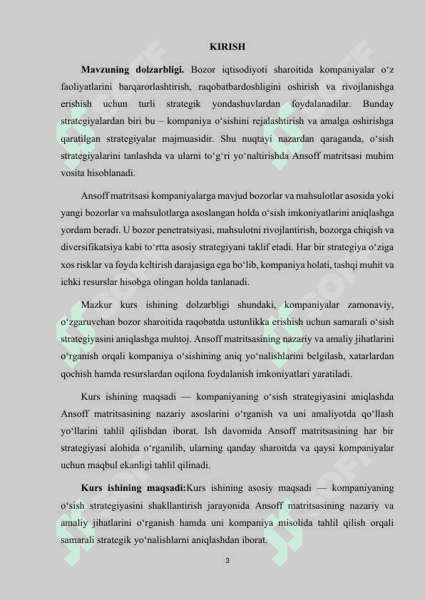 KOMPANIYANING O'SISH STRATEGIYASINI ANIQLASH UCHUN ANSOFF MATRITSASINI QO'LLASH. 3