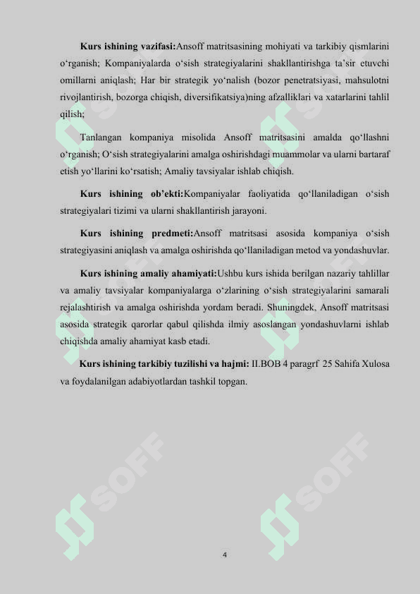 KOMPANIYANING O'SISH STRATEGIYASINI ANIQLASH UCHUN ANSOFF MATRITSASINI QO'LLASH. 4