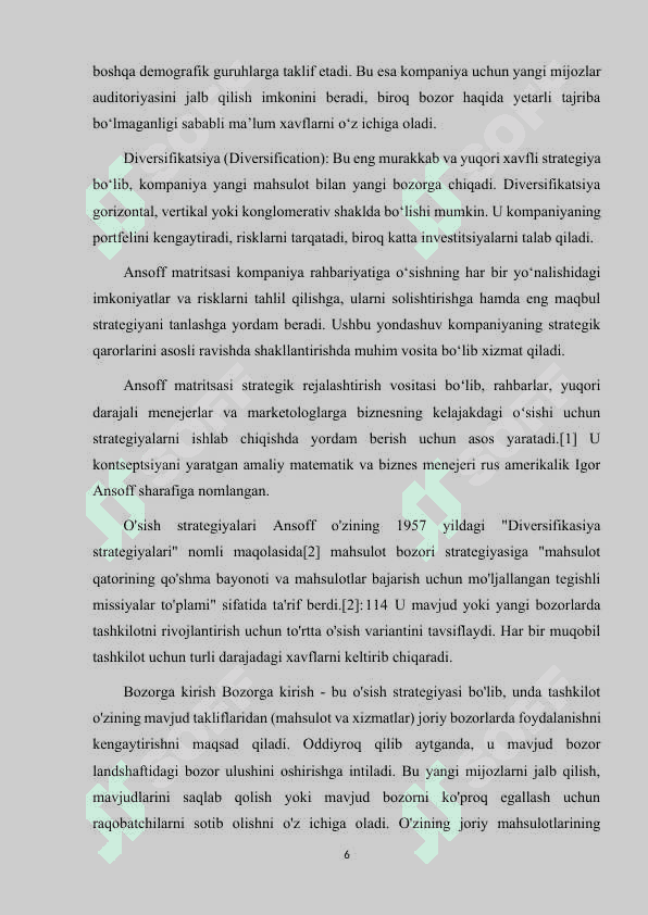 KOMPANIYANING O'SISH STRATEGIYASINI ANIQLASH UCHUN ANSOFF MATRITSASINI QO'LLASH. 6
