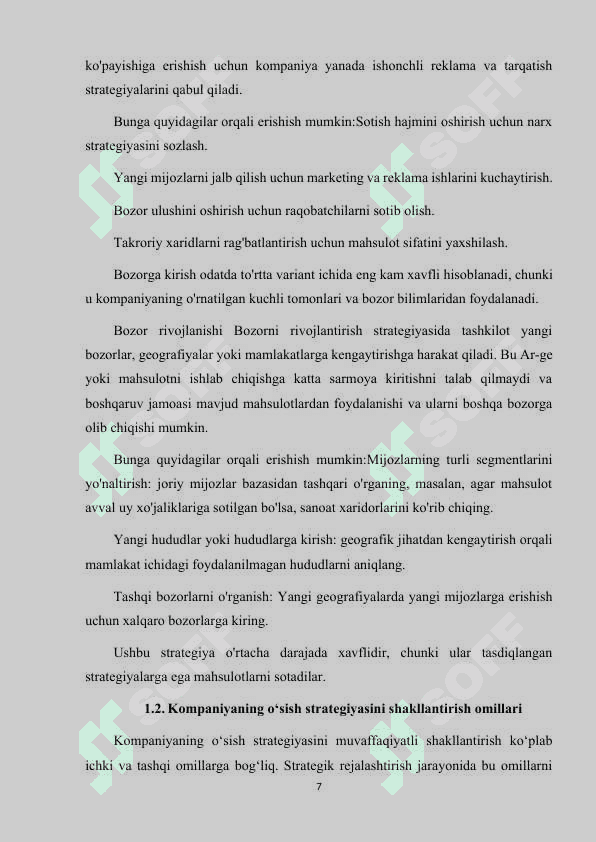 KOMPANIYANING O'SISH STRATEGIYASINI ANIQLASH UCHUN ANSOFF MATRITSASINI QO'LLASH. 7