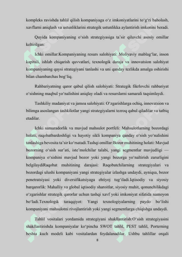 KOMPANIYANING O'SISH STRATEGIYASINI ANIQLASH UCHUN ANSOFF MATRITSASINI QO'LLASH. 8