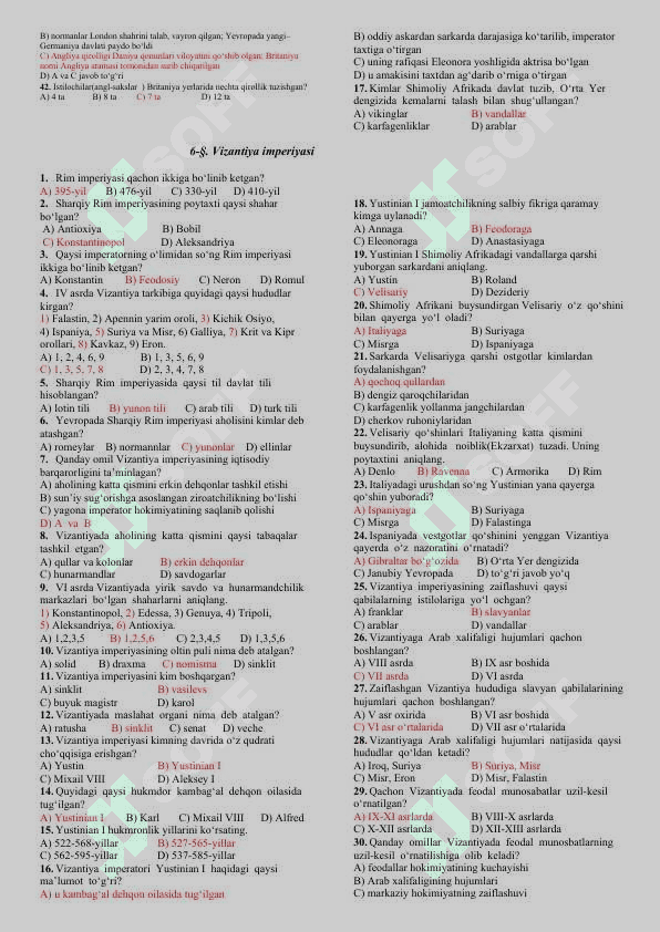 7-sinf jahon tarixi yangi testlar 6