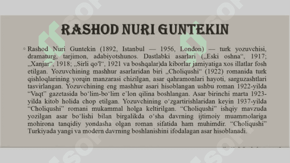 Rashod Nuri Guntekinning "Choli qushi " asari tahlili 2