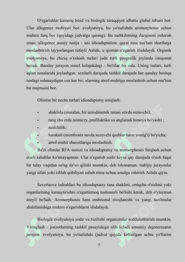 Hayvonlar evolyutsiyasi va ekalogiyasi 7