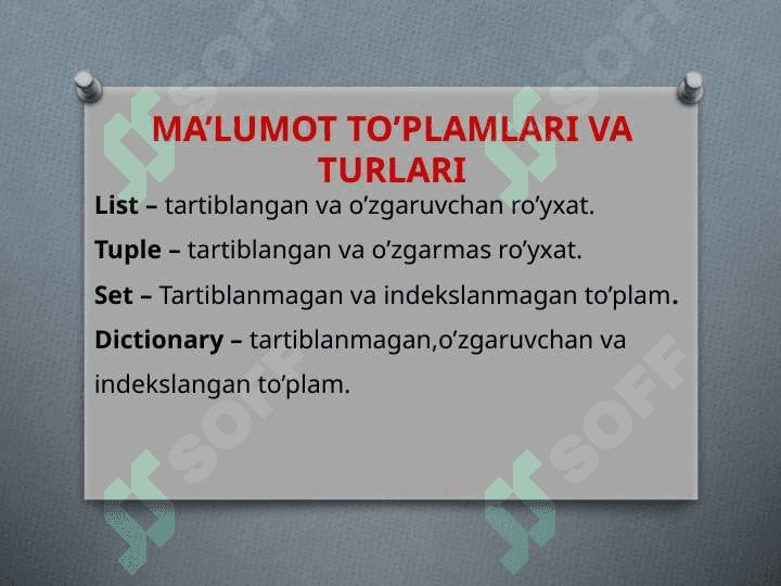 PYTHONDA RO’YXATLAR VA TO’PLAMLAR 2