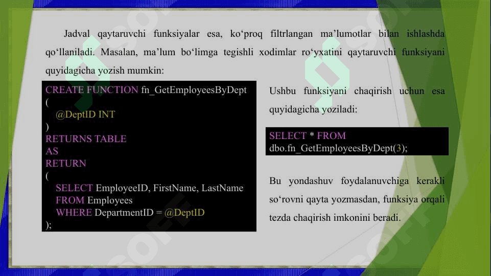 Sqlda funksiya, protseduralar va tiggerlar yaratish 5