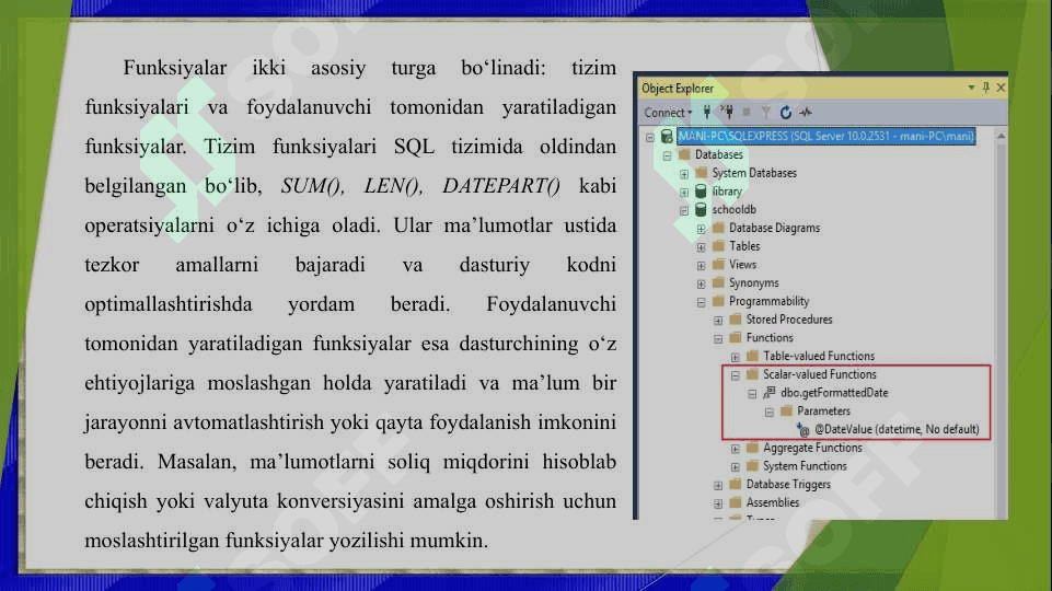 Sqlda funksiya, protseduralar va tiggerlar yaratish 6