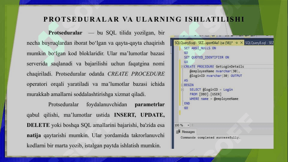 Sqlda funksiya, protseduralar va tiggerlar yaratish 8