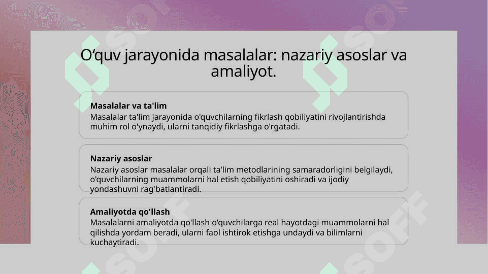Sinfdan tashqari mashg'ulotlarda masala va mashqlardan foydalanish yo‘llarini belgilash 6