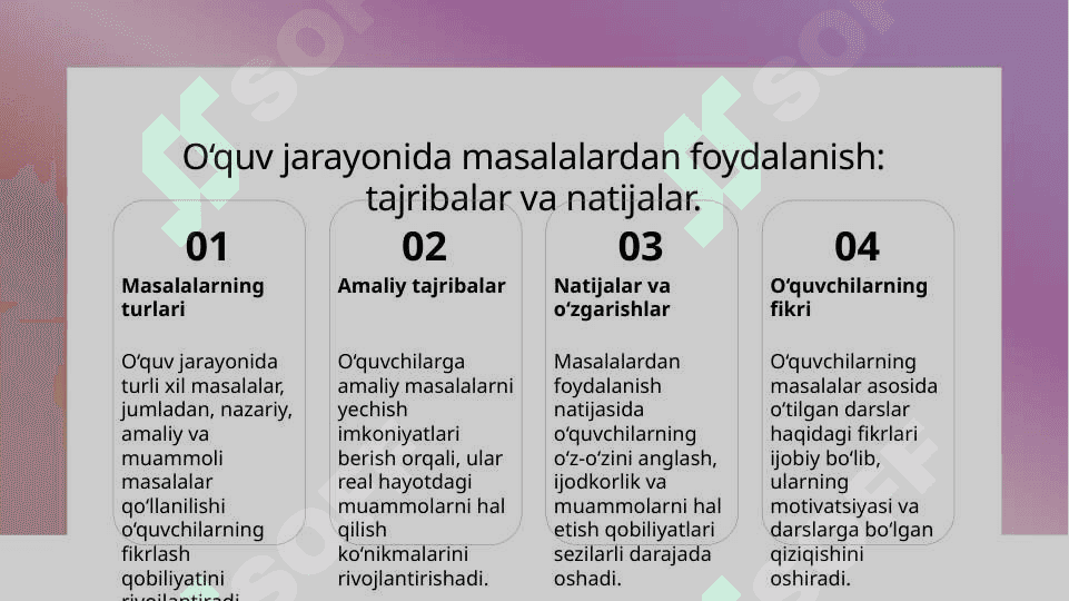 Sinfdan tashqari mashg'ulotlarda masala va mashqlardan foydalanish yo‘llarini belgilash 8