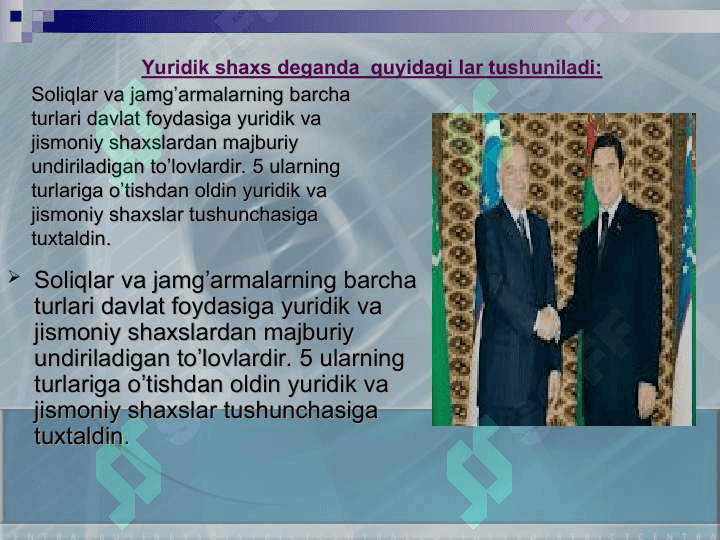 Soliqlar va boshqa majburiy to’lovlarning turlari va elementlari 2
