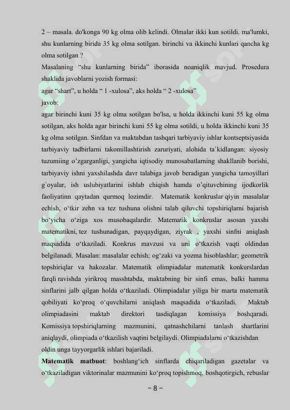 Matematika fanlaridan darsdan tashqari mashg’ulotlarni tashkil etish 8