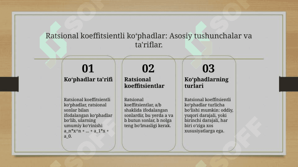 Ratsional koeffitsienti koʻphadlar. Algebraik sonlar maydoni 3