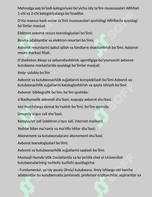 KUTUBXONA -AXBOROT MUASSASALARINING  faoliyatlari xarakteristikasi 5