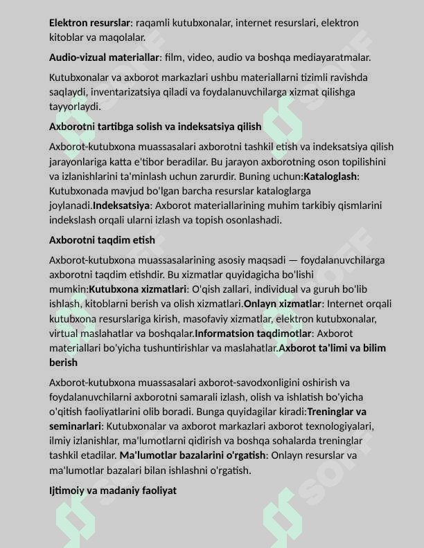 KUTUBXONA -AXBOROT MUASSASALARINING  faoliyatlari xarakteristikasi 7