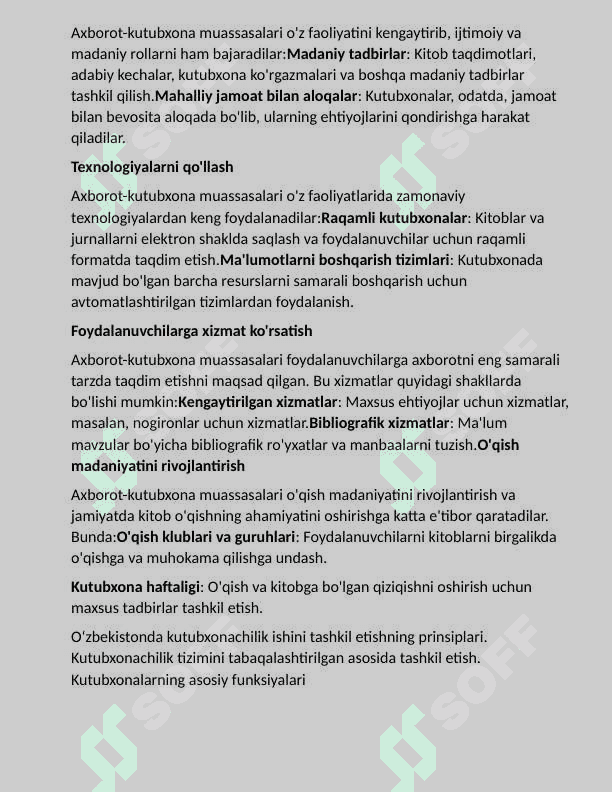 KUTUBXONA -AXBOROT MUASSASALARINING  faoliyatlari xarakteristikasi 8