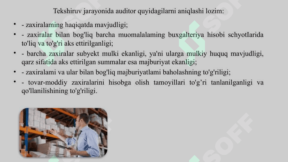 TOVAR MODDIY ZAXIRALARINI QABUL QILISH VA HISOBGA OLISH TO'G'RILIGINI TEKSHIRISH 7