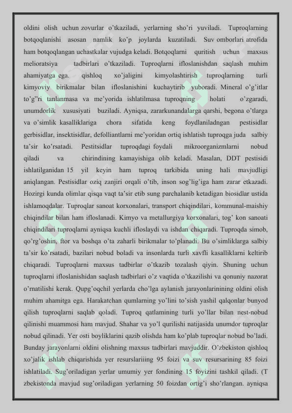 Tuproq sho’rlanishi sabablari va uni oldini olish chora tadbirlari. 4
