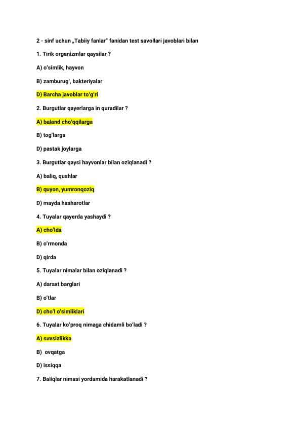 2 - sinf uchun „Tabiiy fanlar” fanidan Test savollari javoblari bilan N_25 ta