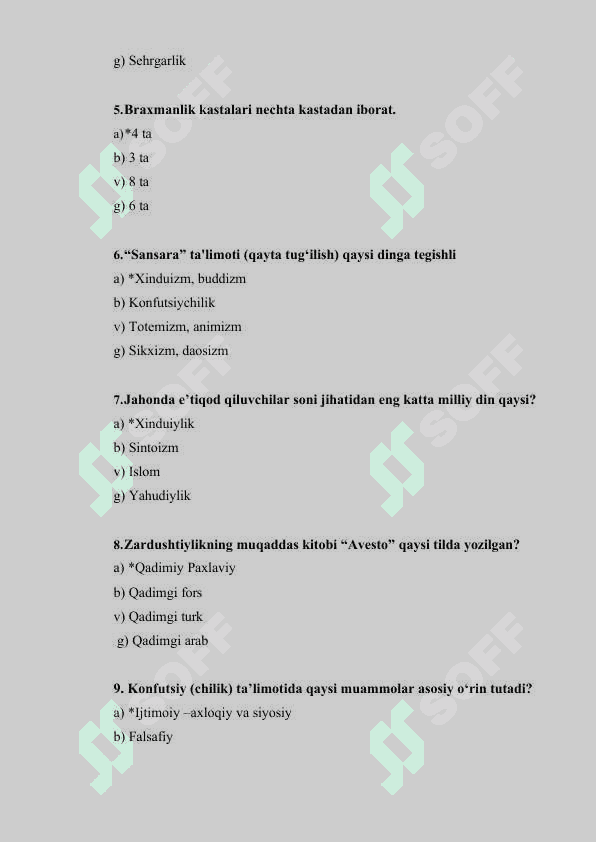 Dinshunoslik fanidan test savollari 2