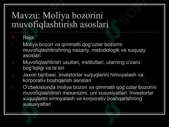 Moliya bozorini muvofiqlashtirish asoslari 2