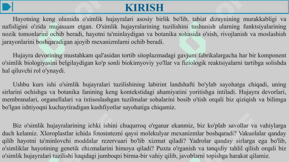 O’SIMLIK HUJAYRASINING TUZULISHI 2