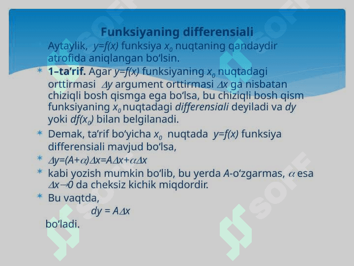 FUNKSIYANING DIFFERENSIAL TUSHUNCHASI. MURAKKAB VA TESKARI FUNKSIYA HOSILASI 4
