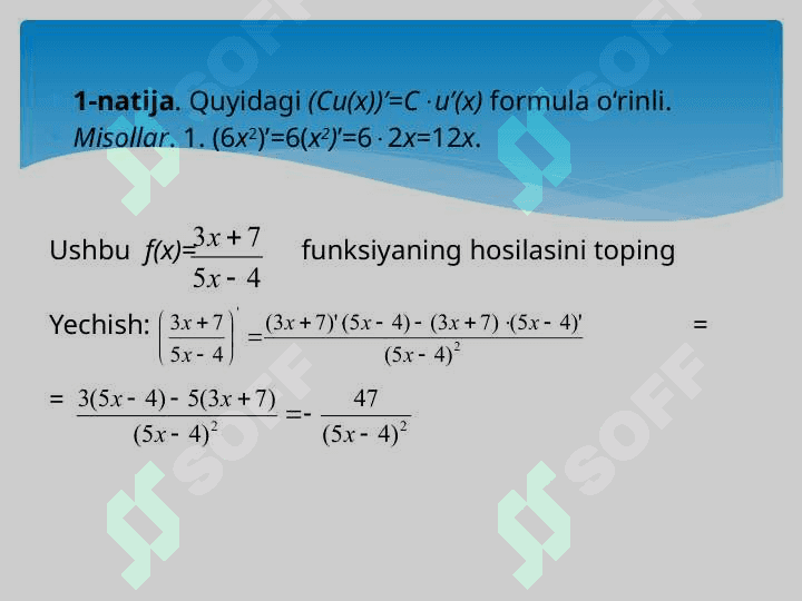 FUNKSIYANING DIFFERENSIAL TUSHUNCHASI. MURAKKAB VA TESKARI FUNKSIYA HOSILASI 7