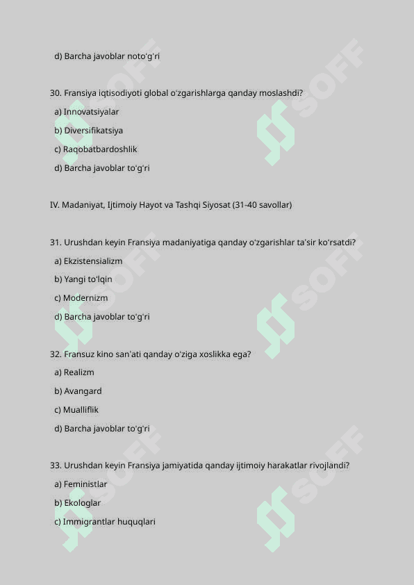 FRANSIYA IKKINCHI JAHON URUSHIDAN KEYINGI TEST-40 TA 8