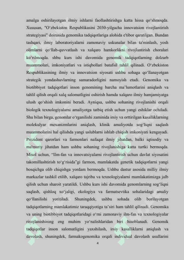 GENOMLARNING BIOTIBBIYOT TADQIQOTLARI.KURS ISHI 4