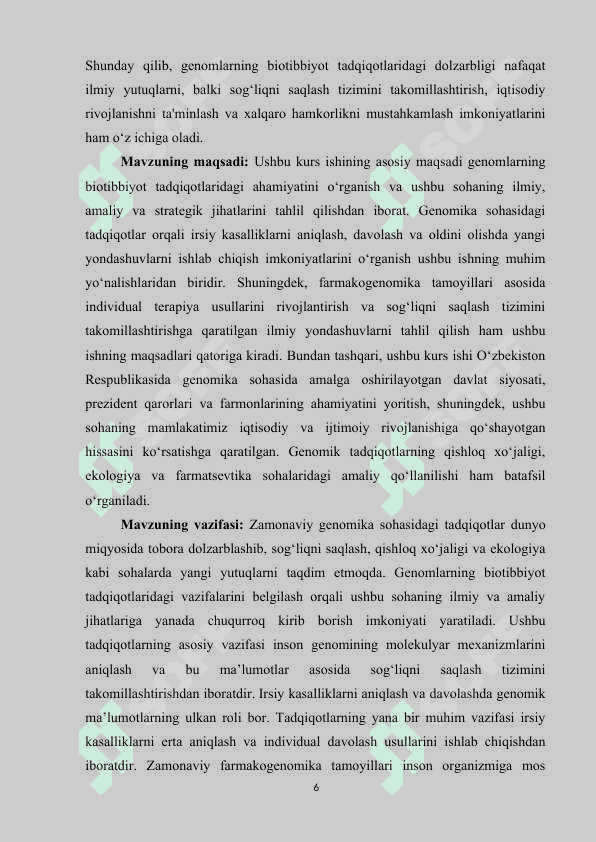 GENOMLARNING BIOTIBBIYOT TADQIQOTLARI.KURS ISHI 6