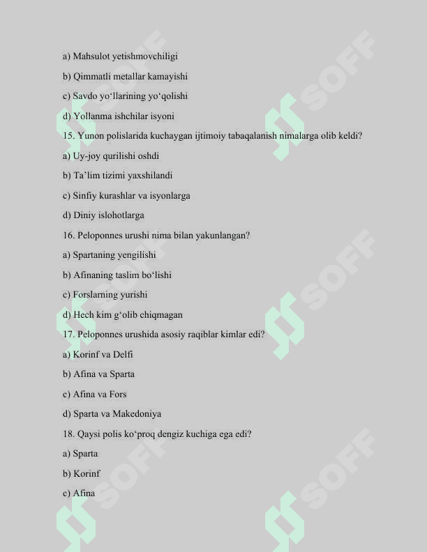 QADIMGI YUNONISTON MAVZUSIDA 40talik test. YUNONISTONDA POLIS TIZIMINING INQIROZI 4