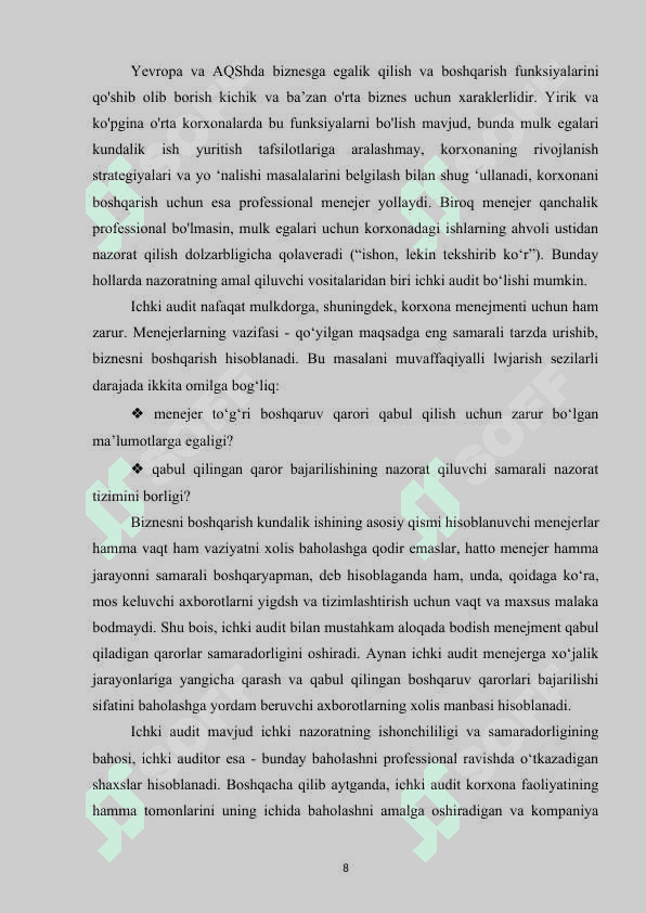 ICHKI AUDIT XUSUSIYATLARI VA ICHKI AUDIT TURLARI 8