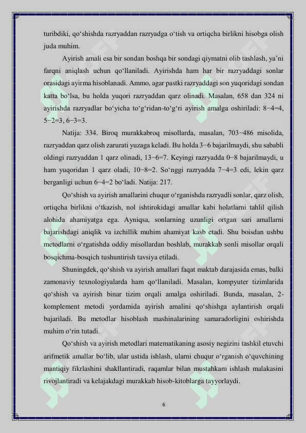 O'n ichida arfmetik amallar bajarish metodlaridan foydalanish 6