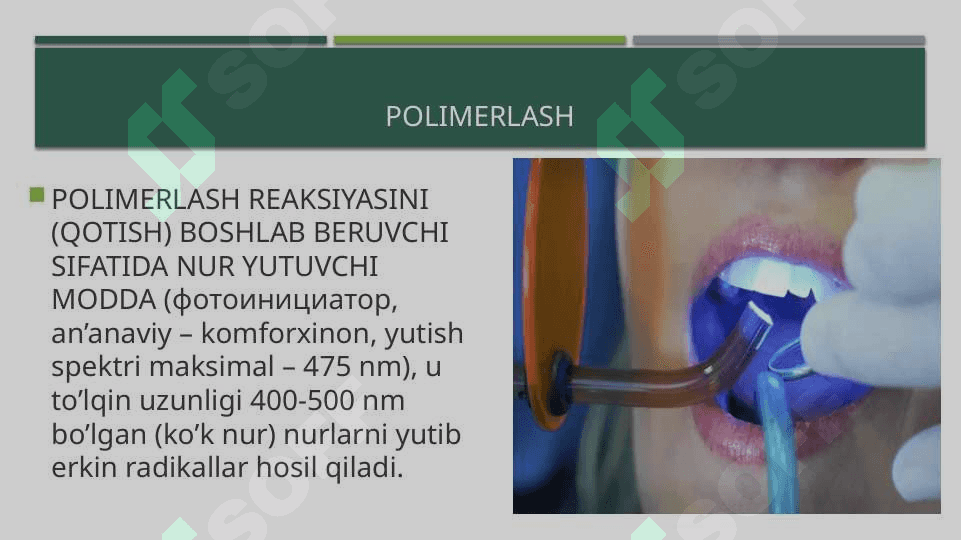 Nur yordamida qotuvchi kompozit plomba ashyolar . Oquvchi kompozit plomba ashyolari 7