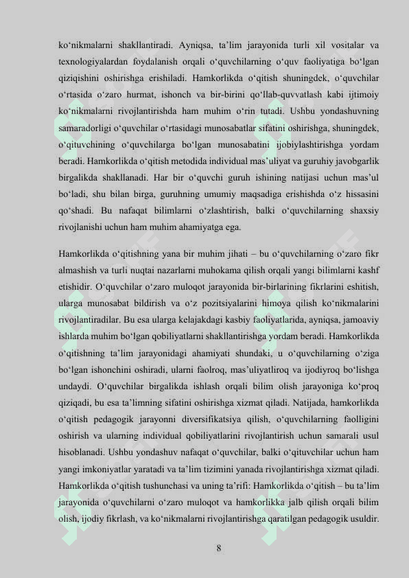 INFORMATIKA FANLARINI OQITISHDA HAMKORLIKDA OQITISHNI REJALASHTIRISH 8