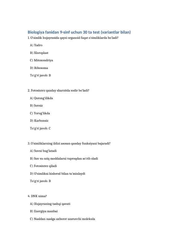 9-sinf bialogiya tstlar