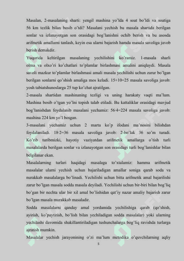 BOSHLANG’ICH SINFLARDA  SODDA MASALALAR  O'RGANISH 5