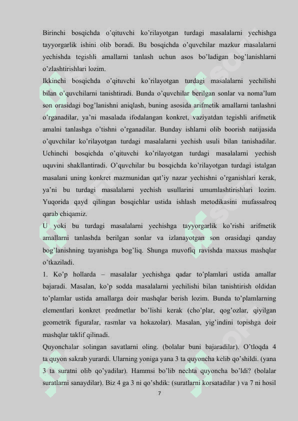 BOSHLANG’ICH SINFLARDA  SODDA MASALALAR  O'RGANISH 7