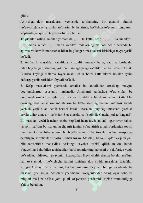 BOSHLANG’ICH SINFLARDA  SODDA MASALALAR  O'RGANISH 8
