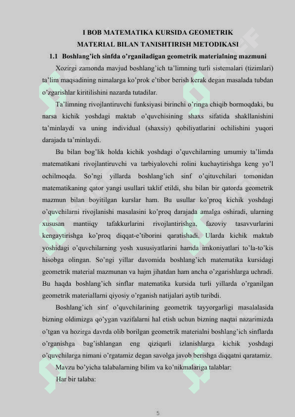 BOSHLANGʻICH SINFDA GEOMETRIYA MASALALARINI YECHISH 5