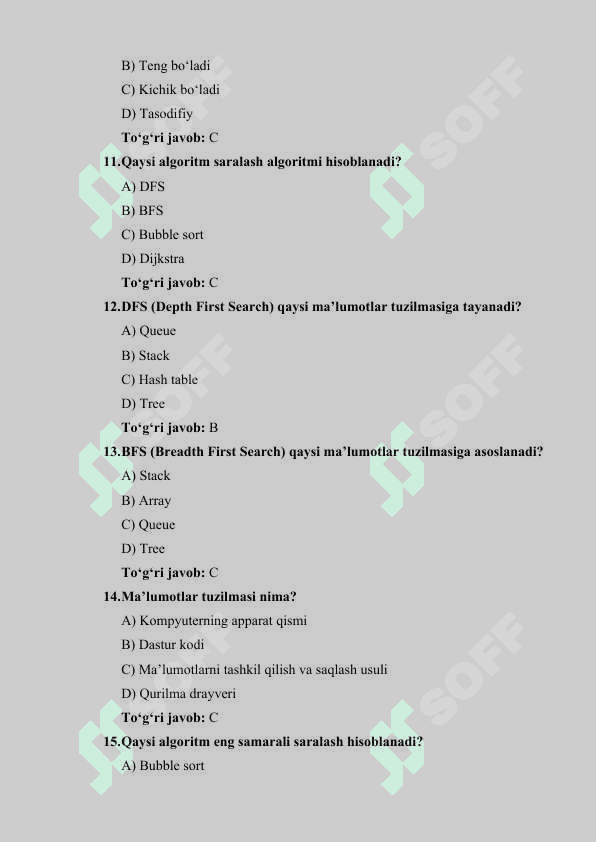 Ma'lumotlar tuzilmasi va algoritmlar fani bo'yicha 50 ta test savollari javoblari bilan 3