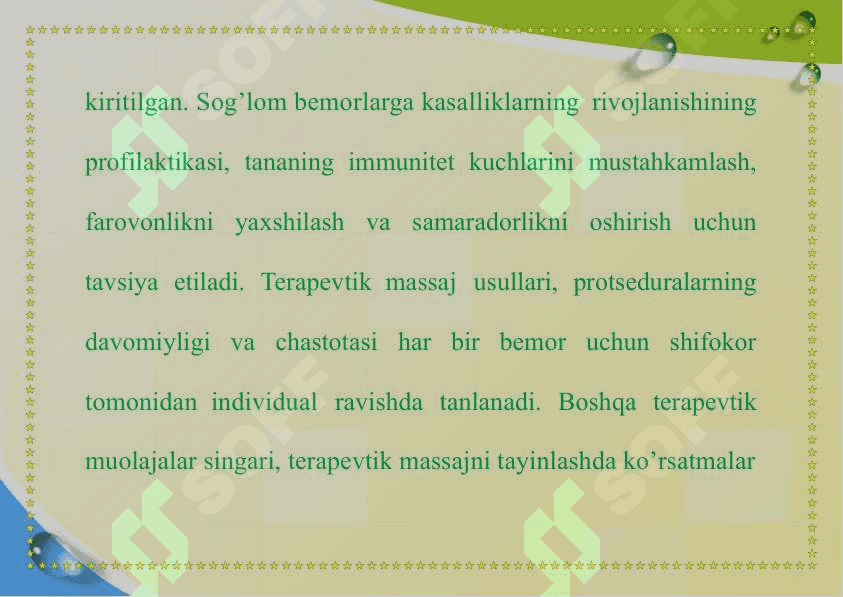 TERAPEVTIK  BEMORLARNI PARVARISH QILISH. DAVOLASH MUASSASALARINI ISHINI TASHKIL ETISH 6