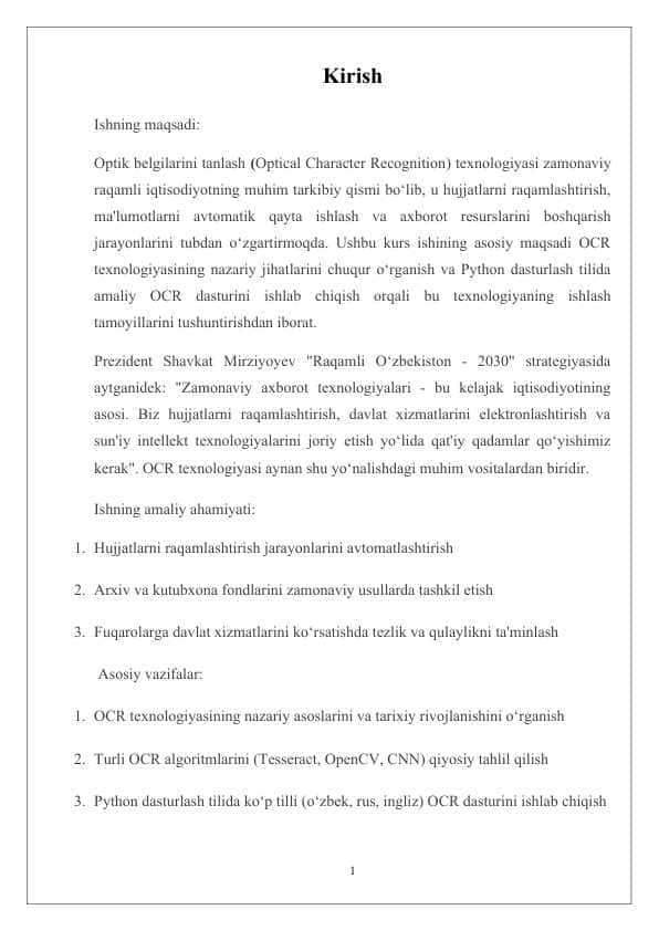 OCR texnologiyasining nazariy asoslari OCR tushunchasi va qo‘llanilishi