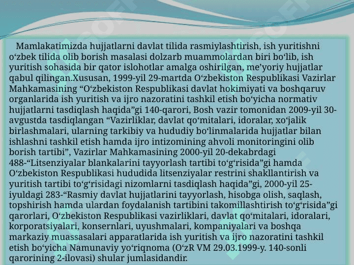 Davlat tilida ish yuritish fanining maqsad va vazifalari.Hujjatchilik tarixi 4