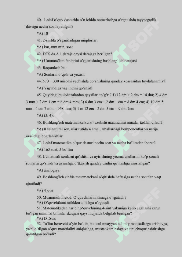 Matematika o'qitish metodikasidan 197 ta test savollari javoblari 4